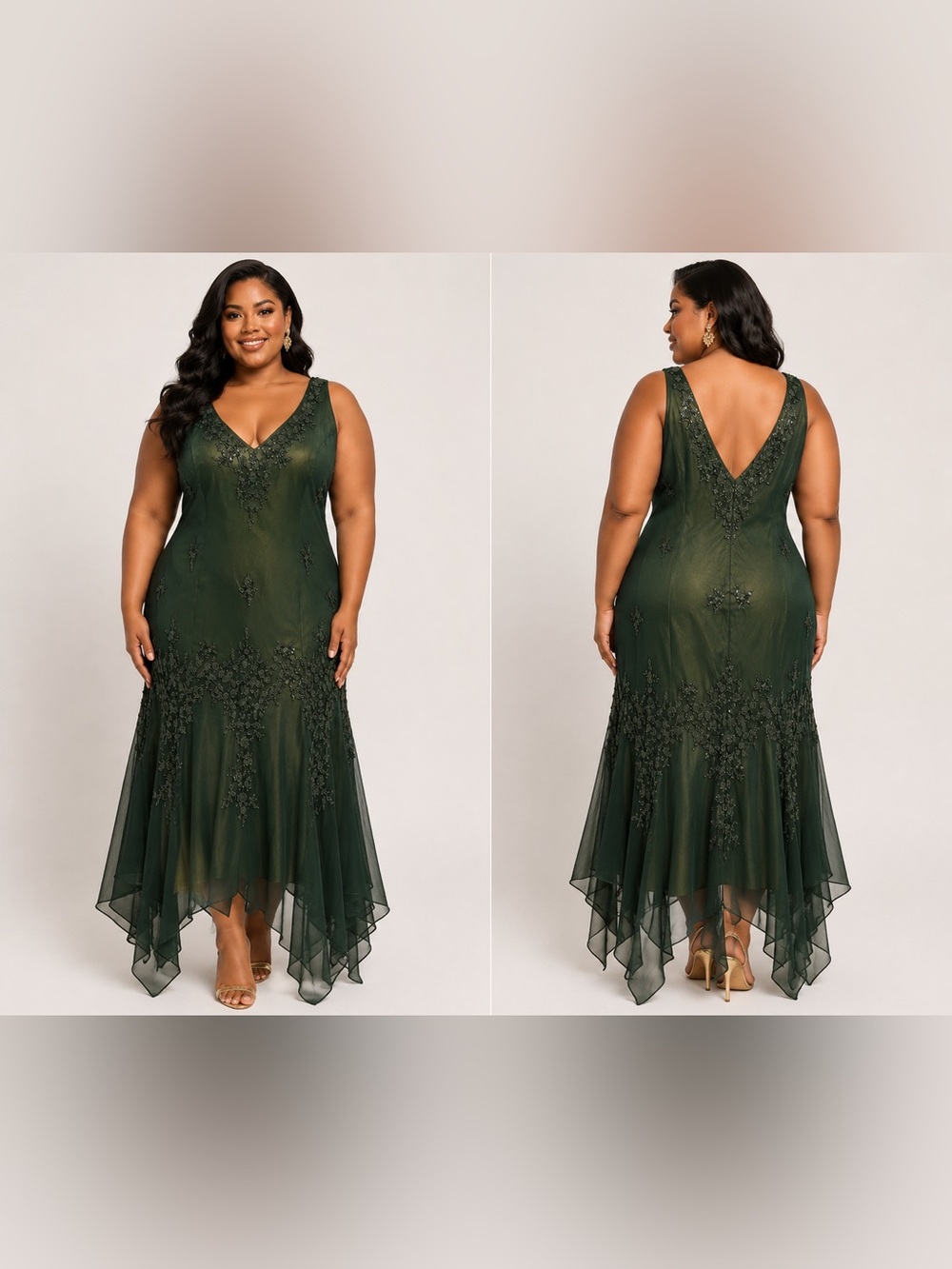 Scala Vintage Green Silk Beaded V-Neck Evening Dress Sz. 1X